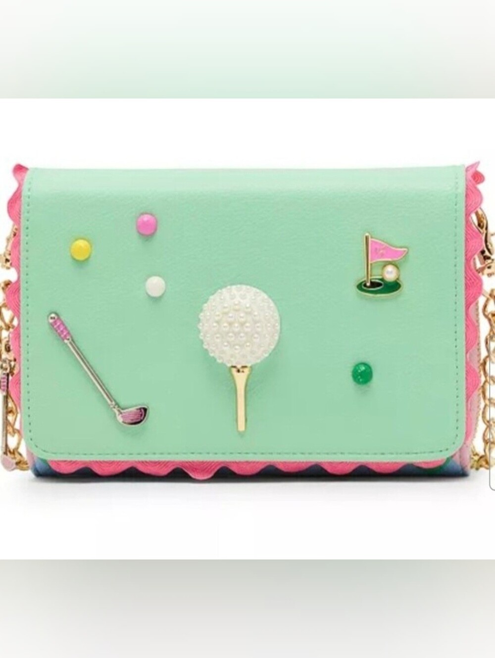 Betsey Johnson Mint Golf-Themed Wallet On A Chain with Pearl Tee Accent